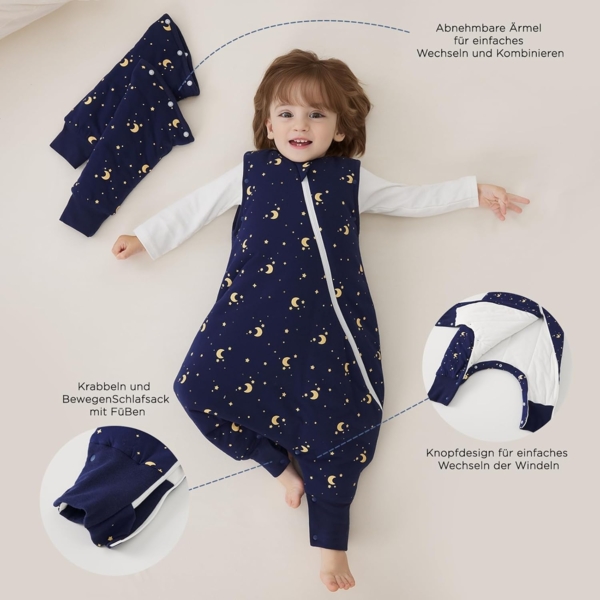Duomiaomiao Baby Schlafsack mit Füßen 3.5 tog, winterschlafsack 100% Baumwolle Baby, Mädchen mit Schlafsack, Cartoon-Laub（der Mond die Sterne/65CM Bild 3