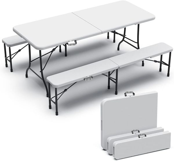 VOUNOT Bierzeltgarnitur Klappbar 3-teilig Set, 1 Biertisch & 2 Bierbänke, Festzeltgarnitur 180 x 75 x 72 cm Gartengarnitur Campingset Klapptisch, Weiß