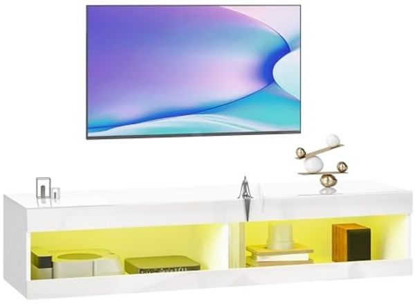 HOMCOM TV-Board mit RGB LED-Beleuchtung (16 Farben) (Hängender TV Schrank, 1 St, TV Lowboard), mit offenen Stauraum, für 55-60 Zoll Fernseher, Hochglanzweiß