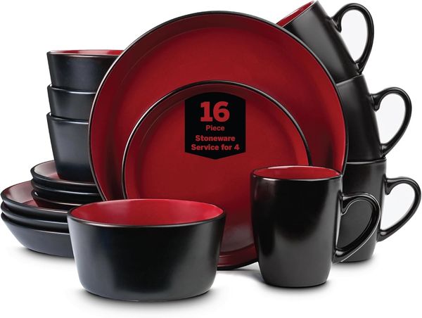 Stone Lain Coupe Stoneware Steingut-Geschirr-Set, rot-schwarz