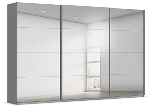 Rauch Möbel Kulmbach, Kleiderschrank mit Schwebetüren für Schlafzimmer, Kinderzimmer, Flur, 3-türig, mit Spiegel und Soft-Close-Funktion, Zubehör Premium, Farbe Grau metallic, Schwarz, Breite 360 cm