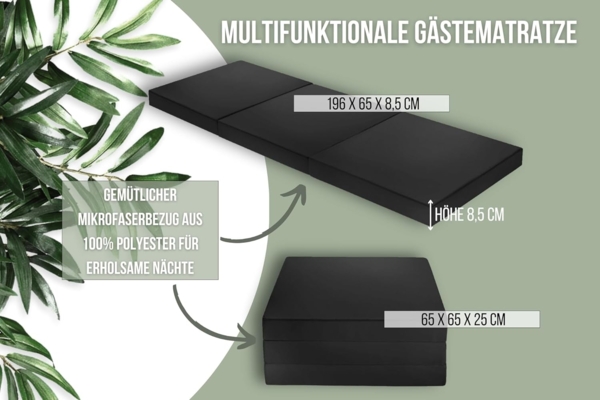 Badenia Trendline faltbare Gästematratze, mit Mikrofaserbezug, 196x65 cm Liegefläche, schwarz Bild 3