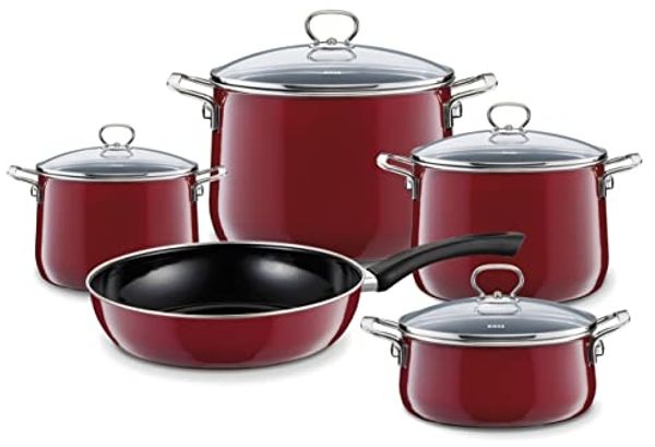 Riess Topf-Geschirrset mit Glasdeckel 5-teilig Emaille Nouvelle Rosso extra stark