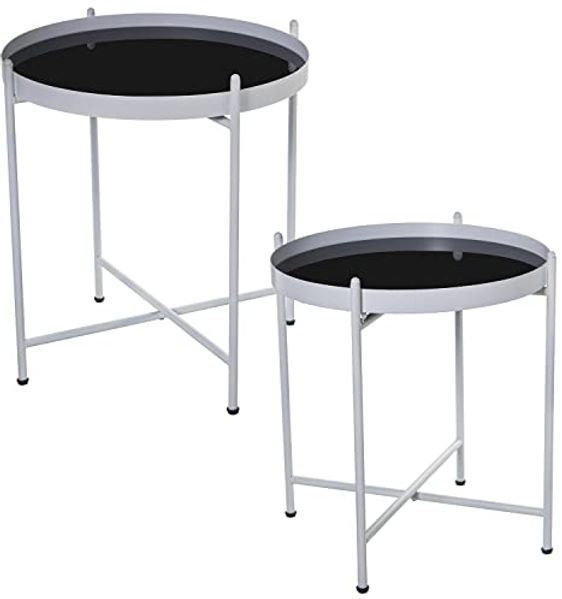 DRW Set mit 2 runden Beistelltischen aus Metall und Glas in Weiß und Transparent, 53x56 cm und 58x62 cm