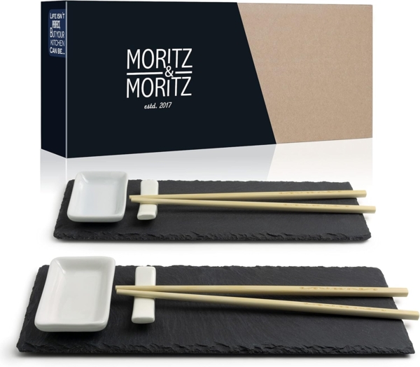 Moritz & Moritz Servierplatte Servierplatte - Schieferset Lemon Grass, Schiefer, Keramik, Bambus, (Lemongras, 10-tlg), Schiefer Suhsi Set - Sushi Geschirr