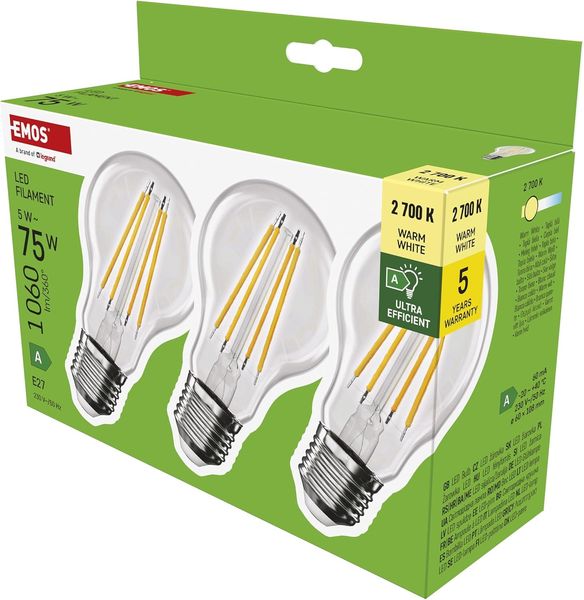 EMOS - LED-Lampe Filament A60 - A Klasse Vintage-Glühbirne - E27 Sockel - warmweiß - 1060 lm - extra-sparsam, 5W (statt 75W Birne) - 50000 Stunden - Winkel 300° - CRI min. 80-3er Pack
