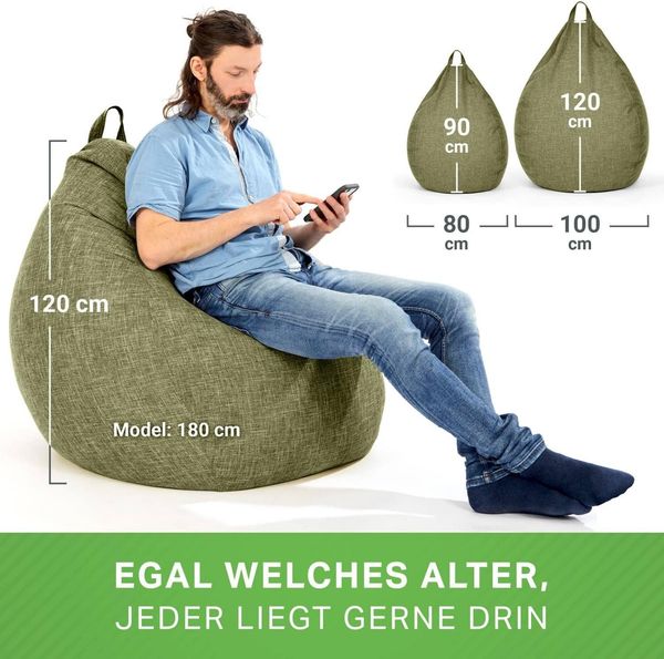 Green Bean 'Home Linen' Indoor Sitzsack mit EPS-Perlen Füllung, waschbar, Leinen grün, 80 x 50 x 90 cm, 200 l Bild 3