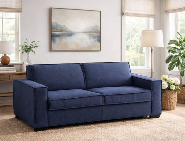 Talamo Italia Francesca 2-Sitzer-Sofa, Wohnzimmersofa, Made in Italy, aus gepolstertem Stoff, mit schmalen Armlehnen, Cm: 160x95h90, Blaue Farbe