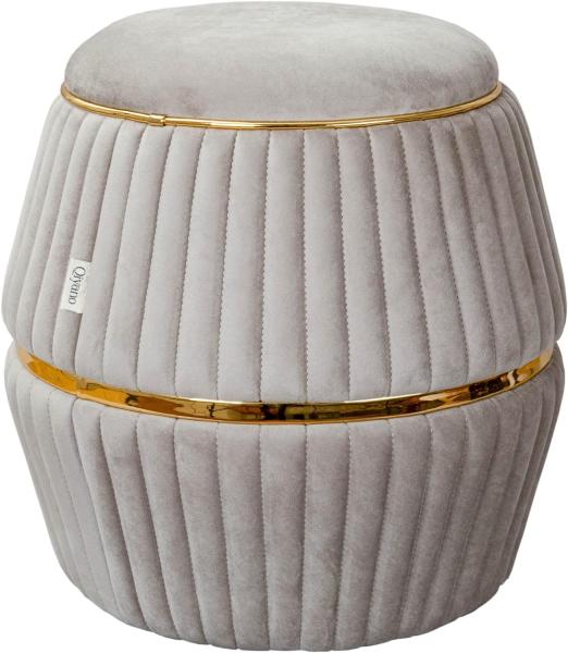 Qiyano Pouf Sitzhocker Hocker aus weichem Samtstoff in Zylinderform in Taupe mit Ziernähten und Kunstlederverzierung in Gold, Höhe ca. 52 cm, Durchmesser ca. 53 cm, Farbe: Taupe