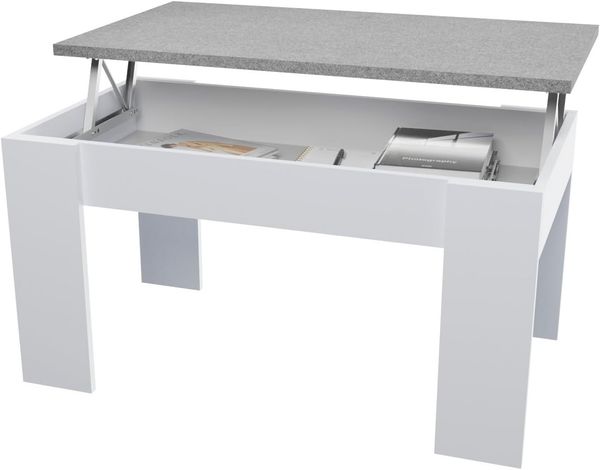 amuéblate online - Couchtisch, höhenverstellbar, für Wohnzimmer oder Esszimmer, weißes Finish mit steingrauem Deckel, Maße: 90 cm (Breite) x 50 cm (Tiefe) x 46 cm (Höhe)