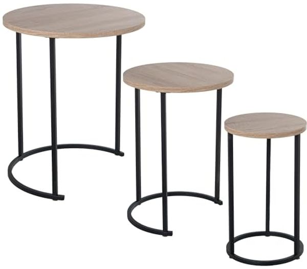 DRW Set mit 3 Beistelltischen aus Holz und Metall in Schwarz und Eiche, 48x58 cm, 38x53 und 28x48 cm, 48x58, 38x53 y 28x48 cm