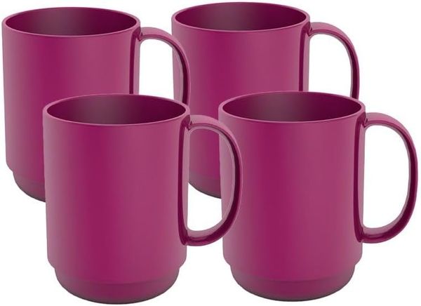 Ornamin Becher 300 ml brombeer, 4er Set hochwertiger, stabiler Kaffeebecher aus Kunststoff mit Henkel