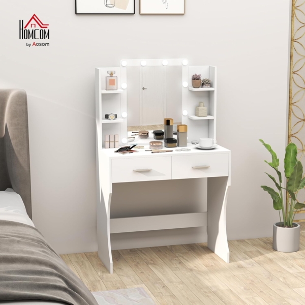 HOMCOM Schminktisch mit dimmbarer LED-Beleuchtung (Frisiertisch, 1-St, Kosmetiktisch mit Spiegel), mit 2 Schubladen, 6 offene Ablagen, für Schlafzimmer, Weiß Bild 2