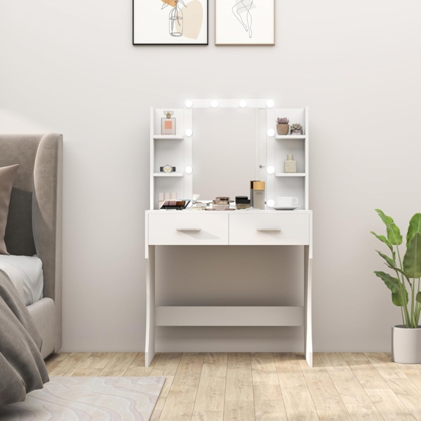 HOMCOM Schminktisch mit dimmbarer LED-Beleuchtung (Frisiertisch, 1-St, Kosmetiktisch mit Spiegel), mit 2 Schubladen, 6 offene Ablagen, für Schlafzimmer, Weiß Bild 8