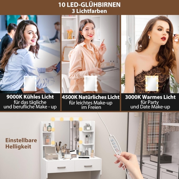 HOMCOM Schminktisch mit dimmbarer LED-Beleuchtung (Frisiertisch, 1-St, Kosmetiktisch mit Spiegel), mit 2 Schubladen, 6 offene Ablagen, für Schlafzimmer, Weiß Bild 3