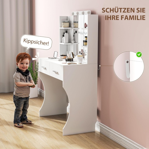 HOMCOM Schminktisch mit dimmbarer LED-Beleuchtung (Frisiertisch, 1-St, Kosmetiktisch mit Spiegel), mit 2 Schubladen, 6 offene Ablagen, für Schlafzimmer, Weiß Bild 6