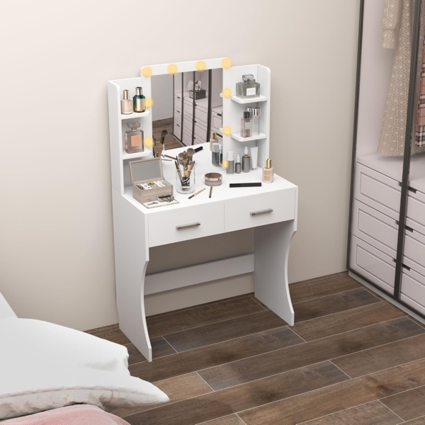 HOMCOM Schminktisch mit dimmbarer LED-Beleuchtung (Frisiertisch, 1-St, Kosmetiktisch mit Spiegel), mit 2 Schubladen, 6 offene Ablagen, für Schlafzimmer, Weiß Bild 9