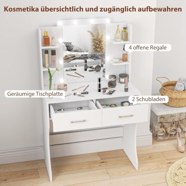 HOMCOM Schminktisch mit dimmbarer LED-Beleuchtung (Frisiertisch, 1-St, Kosmetiktisch mit Spiegel), mit 2 Schubladen, 6 offene Ablagen, für Schlafzimmer, Weiß Bild 4