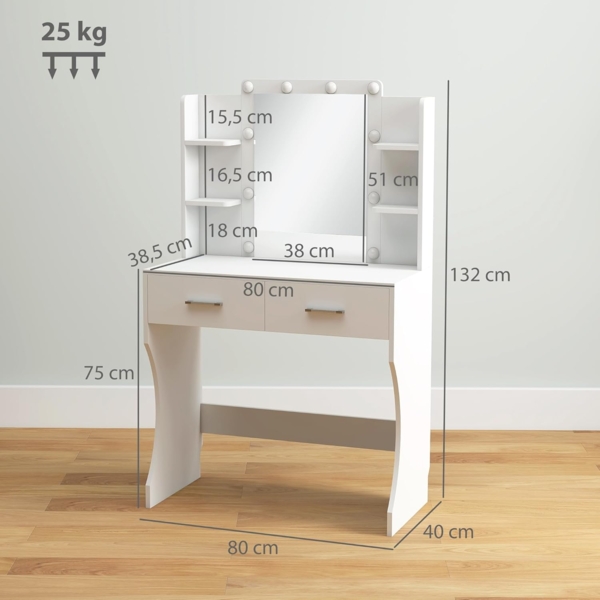 HOMCOM Schminktisch mit dimmbarer LED-Beleuchtung (Frisiertisch, 1-St, Kosmetiktisch mit Spiegel), mit 2 Schubladen, 6 offene Ablagen, für Schlafzimmer, Weiß Bild 7