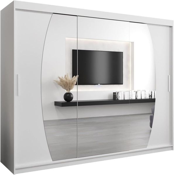 Schwebetürenschrank Elypse 250 cm mit Spiegel Kleiderschrank mit Kleiderstange und Einlegeboden Schlafzimmer- Wohnzimmerschrank Schiebetüren Modern Design (Weiß)