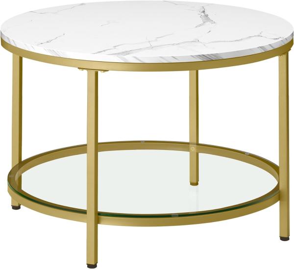 Vasagle Couchtisch, Wohnzimmertisch, Sofatisch, für Wohnzimmer, mit Glasplatte, viel Stauraum, einfacher Aufbau, moderner Stil, marmorweiß-helles Gold