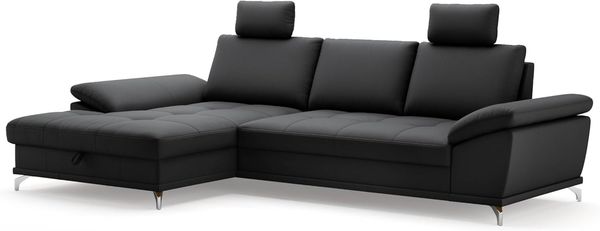 Cavadore Eckcouch Castiel mit Federkern / Ecksofa mit XL-Longchair, Bett, Bettkasten, Sitztiefenverstellung, Kopfstützen und mattschwarzen Metallfüßen / 301x89-114x176 / Echtleder, Schwarz