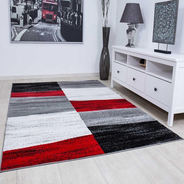 Vimoda Teppich Geometrisches Muster Meliert, Kariert, Rechteckig, Läufer, Teppich Wohnzimmer, Schlafzimmer, Kachel Optik, Rot Lila Beige