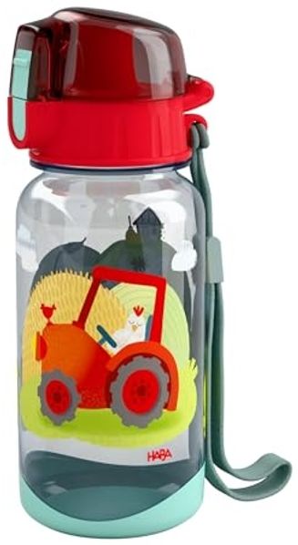 HABA Trinkflasche Bauernhof – Kinder-Wasserflasche 400 ml mit Traktor & Tieren, mit Trageschlaufe, leicht & auslaufsicher, ideal für Kita & Kindergarten ab 12 Monaten – 2012444002