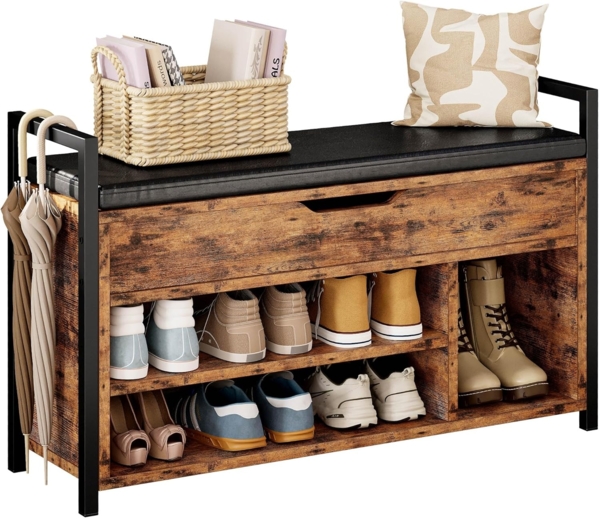 IRONCK Schuhbank mit Sitzfläche, Sitzbank mit Stauraum, Schuhschrank,100 x 30 x 62 cm, 3 offene Fächer, Kunstleder, 130kg belastbar, Schuhregal für Eingang,Flur,Wohnzimmer,Schlafzimmer (Vintagebraun)