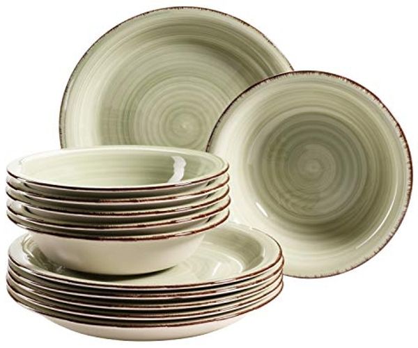 Mäser 931491 Lumaca Teller-Set für 6 Personen im modernen Vintage Look, Tafelservice, handbemalt, Steingut, olivgrün, 12-teilig (1 Set)