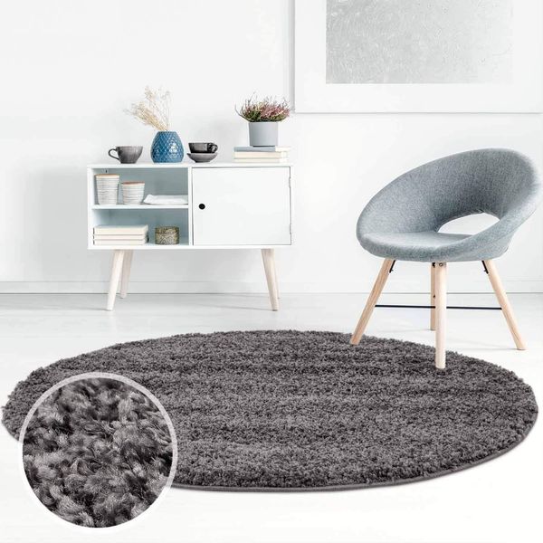 ayshaggy Shaggy Teppich Hochflor Langflor Einfarbig Uni Dunkelgrau Weich Flauschig Wohnzimmer, Größe: 200x200 cm Rund