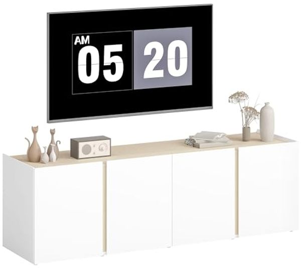 HOMCOM TV-Board mit 4 Soft-Close-Türen, Verstellbaren Ablagen, Kabelmanagement (Fernsehtisch, 1 St, TV Lowboard für Fernseher bis zu 65 Zoll), für Wohnzimmer Weiß 135x38x45cm