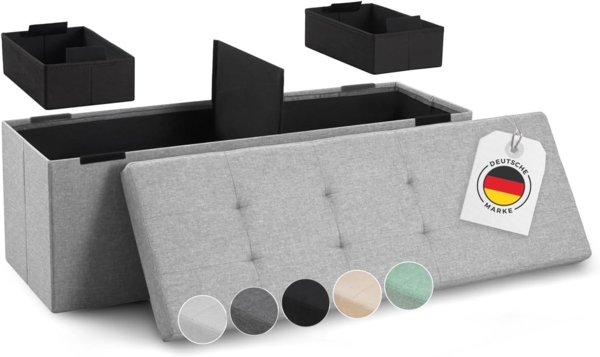 Blumtal Sitzbank mit Stauraum + 2 extra Boxen - Truhenbank mit Stauraum 110 x 38 x 38 cm - Sitztruhe mit Stauraum - Bequemer Hocker mit Stauraum - Sitzbox mit Stauraum - Ottoman - Sitzbox in Hellgrau