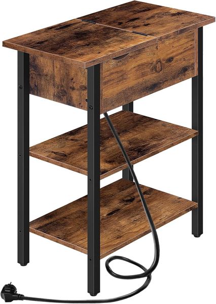 HOOBRO Beistelltisch, Flip-Top Sofatisch mit Ladestation und Ablagefläche, Schmaler Nachttisch für Kleine Räume, Schlafzimmer, Wohnzimmer, Stabile, Dunkelbraun EBF342BZ01
