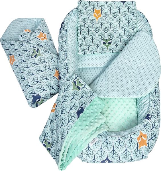 Medi Partners Babynestchen 5 teiliges Set Babynest 100 x 60 x 15 cm herausnehmbarer Einsatz Bett Kuschelnest Krabbeldecke Babys Neugeborene 100% Baumwolle (Wald mit Minzer Minky)