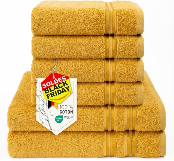Hammetex 6 teiliges Handtuch Set, 100% Baumwolle Weich Saugstark Qualität Handtücher Set, 2 Badetücher 70x140 cm, 4 Handtücher 50x100 cm, Senf