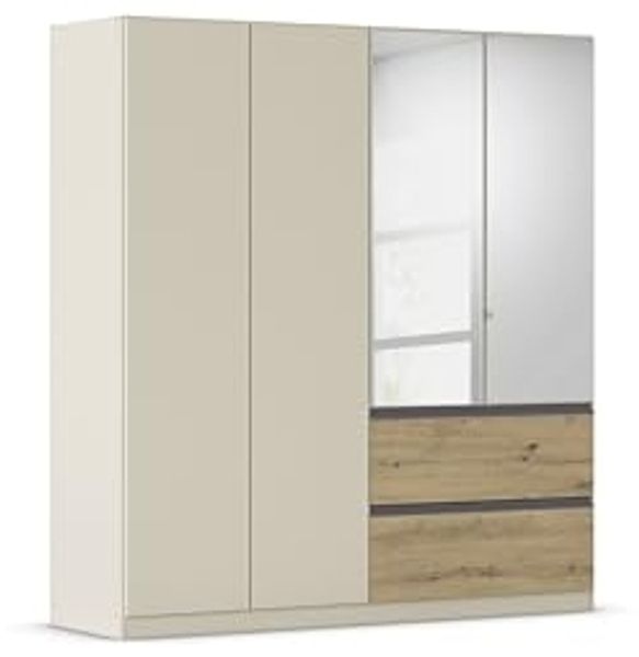 Rauch Möbel Costa, Kleiderschrank für Schlafzimmer, Kinderzimmer, Babyzimmer, Garderobe, 4-türig, Spiegel, 2 Schubladen, Push-to-Open, Zubehör Premium, Farbe Beige/Eiche Artisan, Holz, Breite 181 cm