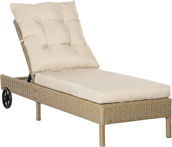 Outsunny Gartenliege Polyrattan Sonnenliege mit Rollen Kissen 4-stufig verstellbar, Rattanliege, 1 St, Gartenmöbel, Stahl Natur+Khaki 200 x 66 x 92 cm