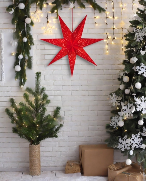 BRUBAKER LED Stern 60 cm Papier Weihnachtsstern zum Aufhängen - LED Adventsstern, Hängender Leuchtstern - Beleuchtbar mit Batterie, LED fest integriert, Warmweiß, Weihnachtsdeko für Fenster - 3D Papierstern mit Timer-Funktion Bild 2