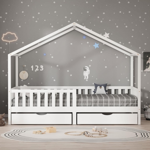 ML-DESIGN Spielbett Hausbett Kinderbett inkl. 2 Schubladen, Lattenrost und Rausfallschutz, Abenteuerbett 90x200cm Haus Bett Himmelbett Kiefer Jugendbett Weiß Bild 8