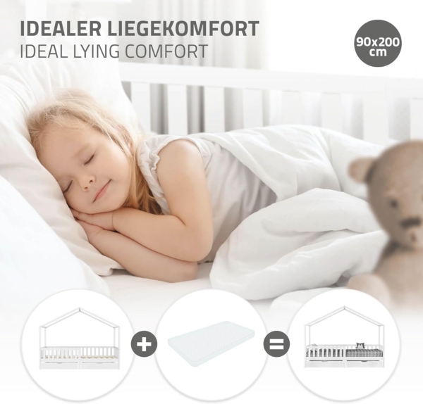 ML-DESIGN Spielbett Hausbett Kinderbett inkl. 2 Schubladen, Lattenrost und Rausfallschutz, Abenteuerbett 90x200cm Haus Bett Himmelbett Kiefer Jugendbett Weiß Bild 6