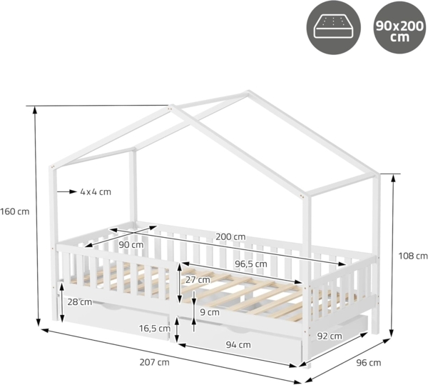 ML-DESIGN Spielbett Hausbett Kinderbett inkl. 2 Schubladen, Lattenrost und Rausfallschutz, Abenteuerbett 90x200cm Haus Bett Himmelbett Kiefer Jugendbett Weiß Bild 3