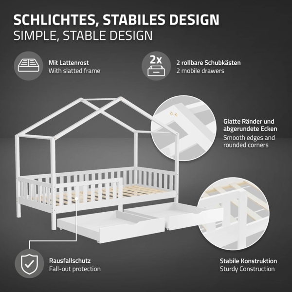 ML-DESIGN Spielbett Hausbett Kinderbett inkl. 2 Schubladen, Lattenrost und Rausfallschutz, Abenteuerbett 90x200cm Haus Bett Himmelbett Kiefer Jugendbett Weiß Bild 5