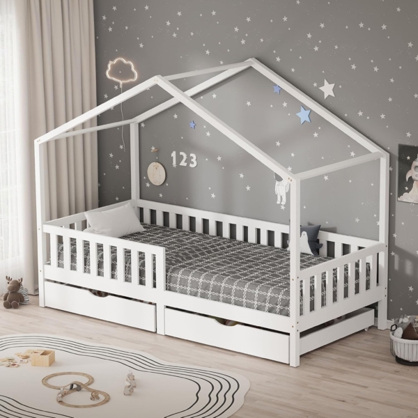 ML-DESIGN Spielbett Hausbett Kinderbett inkl. 2 Schubladen, Lattenrost und Rausfallschutz, Abenteuerbett 90x200cm Haus Bett Himmelbett Kiefer Jugendbett Weiß Bild 2