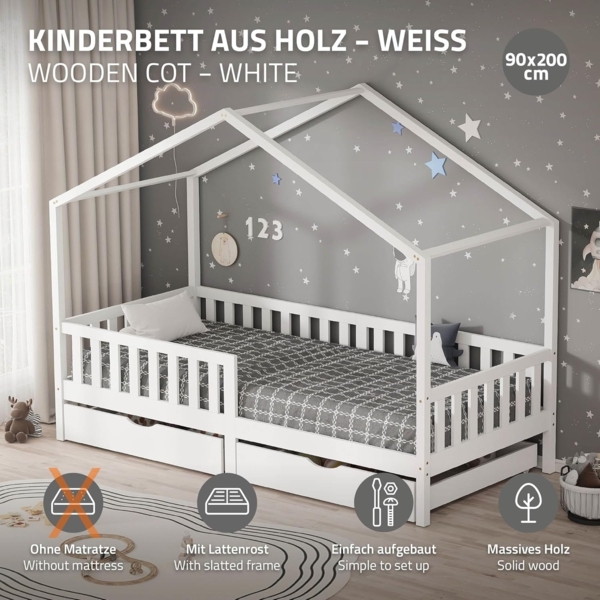 ML-DESIGN Spielbett Hausbett Kinderbett inkl. 2 Schubladen, Lattenrost und Rausfallschutz, Abenteuerbett 90x200cm Haus Bett Himmelbett Kiefer Jugendbett Weiß Bild 4