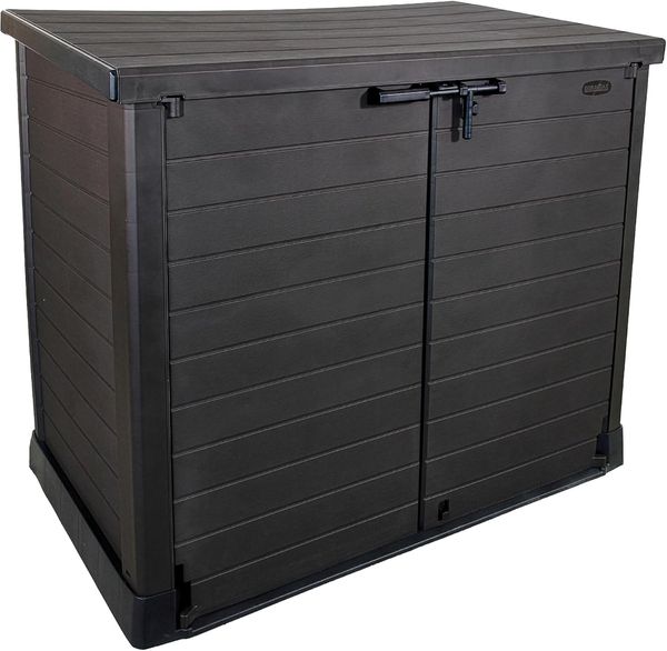 Duramax Cedargrain StoreAway 1200L Gartenhaus aus Kunststoff / flacher Deckel, Mülltonnenbox, Gartenhaus, solide Konstruktion, ideal für Werkzeuge, BBQs und 2x240L Mülltonnen, 145 x 85 x 125 cm, Braun