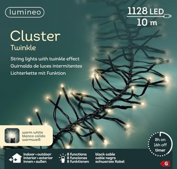 Lumineo LED-Lichterkette Lumineo Lichterkette CLUSTER TWINKLE 1128 LED 10,5m warm weiß, schwarz, Indoor/Outdoor, 8 Effekte, 8h-Timer, + 5 Meter Zuleitung