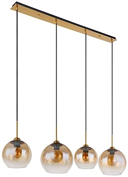 Pendelleuchte, Metall, Messing, Glas Amber, 4-Flammig, L 120 cm