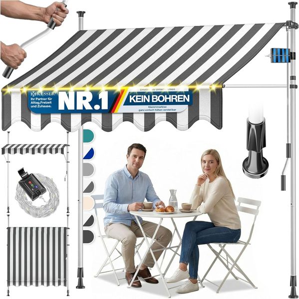 KESSER® Klemmmarkise mit Handkurbel & LED Lichterkette | Balkonmarkise ohne Bohren | Markise UV-beständig höhenverstellbar & wasserabweisend | Sonnenschutz für Balkon Terrasse & Garten Weiß / Grau, 400cm