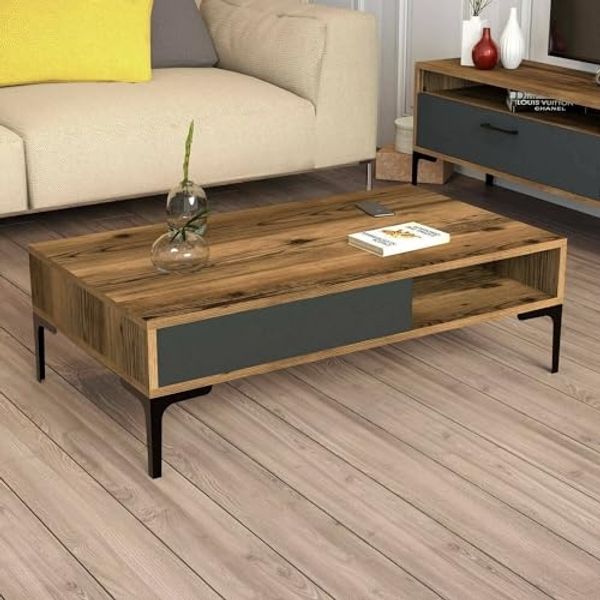 Dmora - Wohnzimmertisch Diadem, Niedriger Wohnzimmertisch, Kaffeeregal, Couchtisch für Sofa, 105x60h33 cm, Walnuss und Anthrazit
